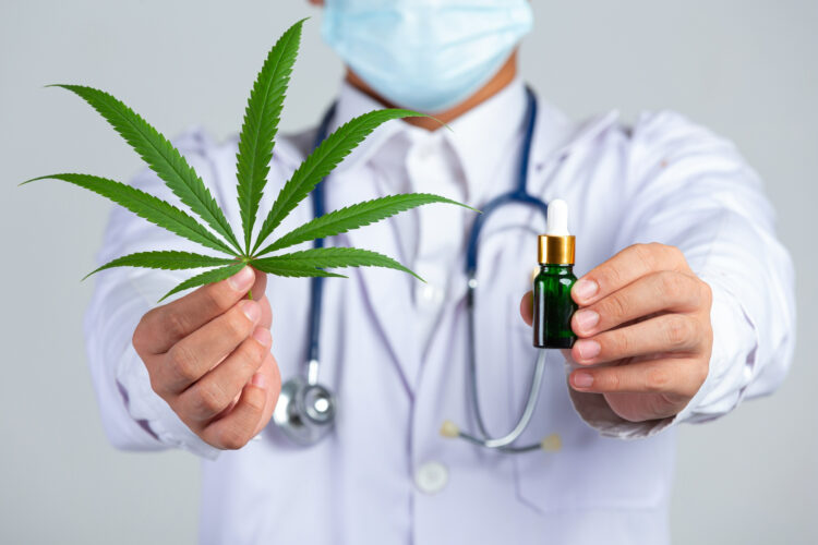 medical-doctor-holding-cannabis-leaf-bottle-cannabis-oil-white-wall (4)