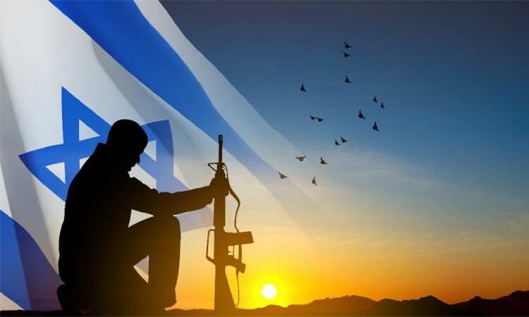 Silhouette of soldier kneeling down on a background of sunset and Israel flag. Greetning card for National Holidyas. EPS10 vector