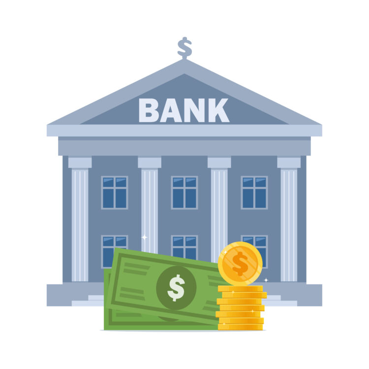 Bank building and money, bank financing, money exchange, financial services, ATM, giving out money. Vector flat illustration
